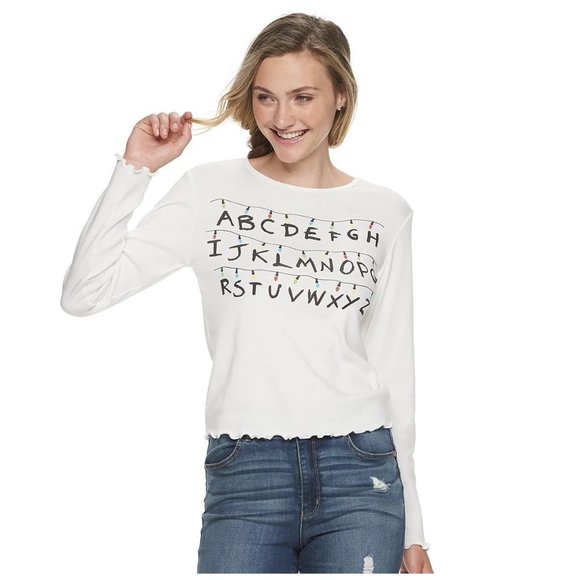 Netflix Official Merchandise Tops - Stranger Things Netflix Womens T Shirt XS White Ruffle Hem Alphabet Lights